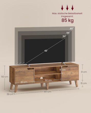 Тумба під телевізор VASAGLE LTV556K01, 147 см, для ТВ до 65 дюймів, колір медовий браун, стиль перехідний