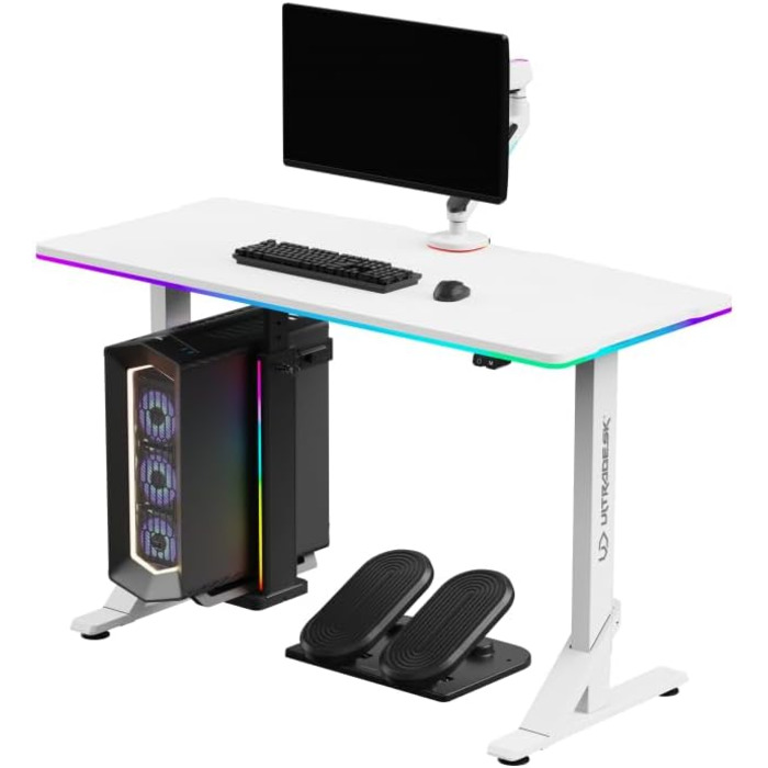 Комп'ютерний стіл ULTRADESK Iron з RGB підсвічуванням: механічний регульований стіл для геймінгу (білий)