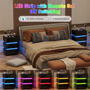 Нічний столик з розеткою та LED-підсвіткою, нічний комод з функцією зарядки та USB, 2 висувні ящики (45x35x46/62 см, Чорний)