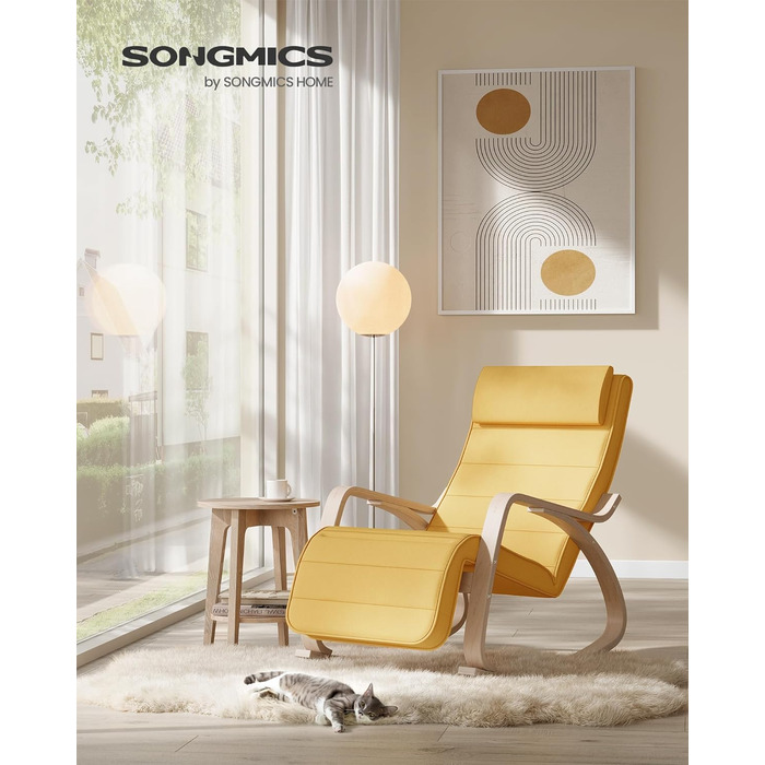 Крісло-гойдалка SONGMICS з підлокітниками з натурального дерева, регульована підставка для ніг, до 150 кг, для спальні/вітальні, темно-натуральний колір, бавовна/поліестер