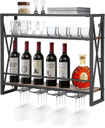 Стильна полиця для вина Komfotteu на стіну, дерев'яна з металевим каркасом, з тримачем для келихів, органайзер для пляшок, бар, кухня, вітальня (80 x 20 x 63 см)