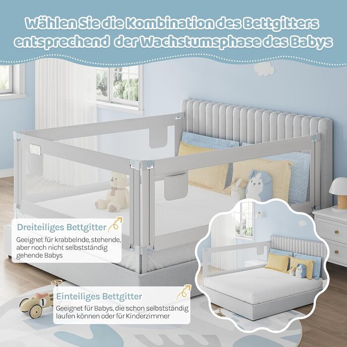Бортик для ліжка WOLTU 150 см, захисний бортик для дітей та немовлят, регульована висота 69-87 см, тканина Оксфорд, металевий каркас, світло-сірий