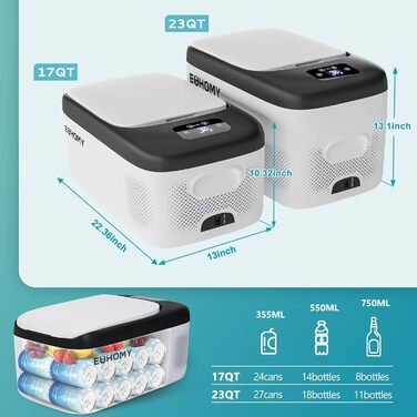 EUHOMY Холодильник 12V для автомобіля, 16L, Портативний морозильник -4°C~68°C, для кемпінгу, риболовлі, подорожей, дому