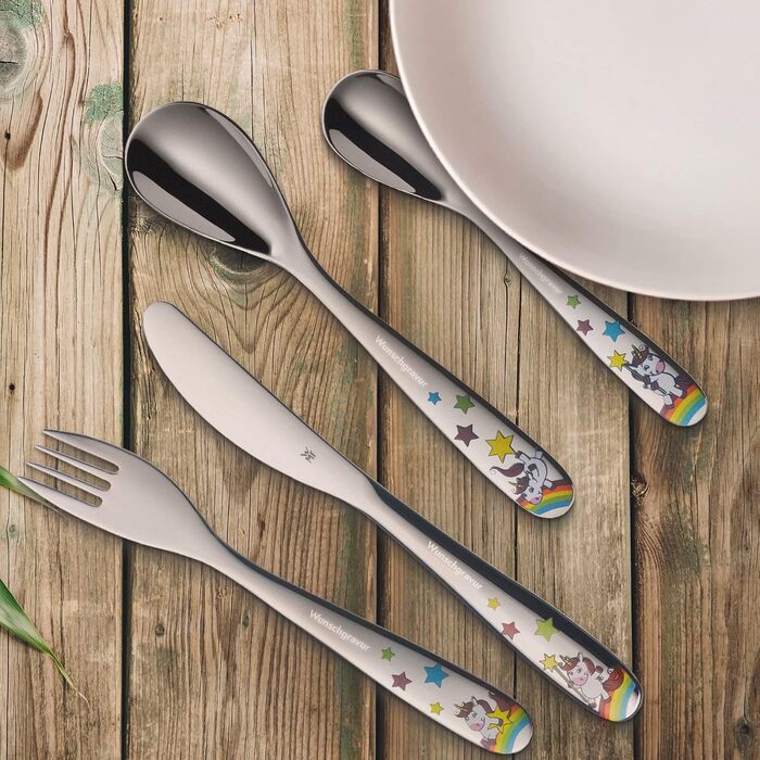 Набір дитячого столового прибору WMF Kinderbesteck з гравіюванням (4 шт.) - ідеальний подарунок на хрещення. Дитячий столовий прибор WMF від 4 років з індивідуальним гравіюванням. Подарунки на хрещення для хлопчиків