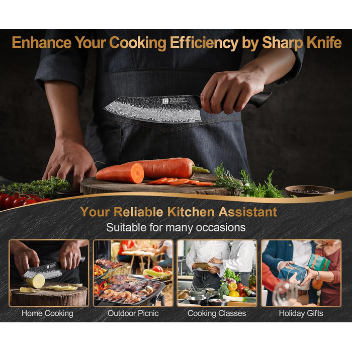 Ніж Сантоку XINZUO Damaststahl 19,3 см з нержавіючої сталі Дамаск, професійний кухонний ніж, серія Mo, ергономічна ручка з білого дуба