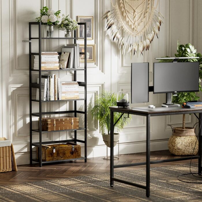 Багатоярусна полиця для книг, індустріальна з бамбуковим каркасом, дерев'яна полиця-вітрина для дому та офісу, органайзер для зберігання, рустикальний коричневий (чорний)