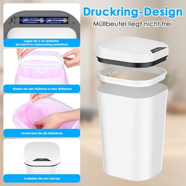 Набір з 2 сміттєвих контейнерів з датчиком, 10 л, автоматичний електричний кришка, 3 режими роботи, тихий, водонепроникний, інтелектуальний контейнер для сміття, для кухні, офісу, вітальні, ванної кімнати