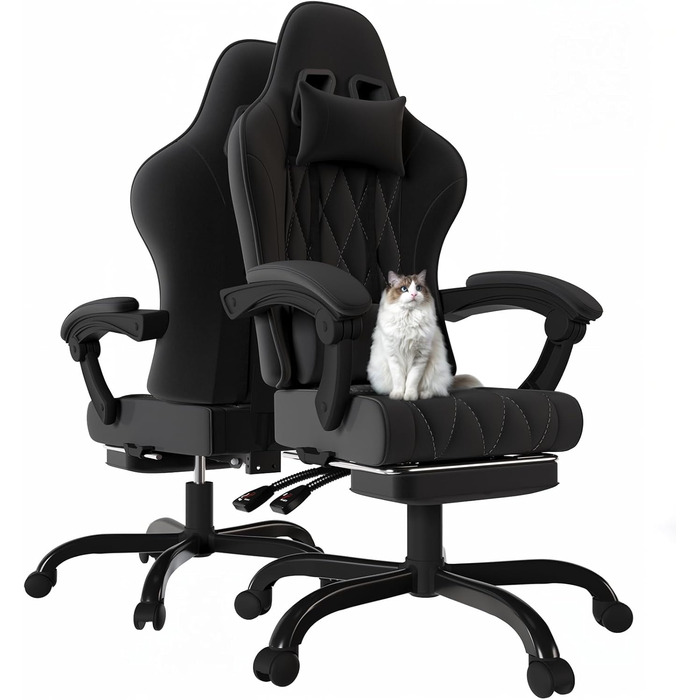 Ігровий крісло JUMMICO з тканини та підлокітниками з піною, ергономічний офісний крісло з масажером. Крісло має підголівник, підставку для ніг, регулювання висоти. Максимальне навантаження: 150 кг, чорний колір