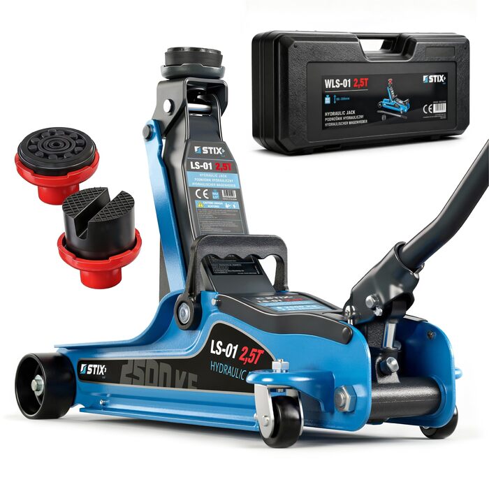 Гідравлічний домкрат STIX 2.5T низькопрофільний з кейсом, гумовими накладками та адаптером для SUV - для легкових та позашляхових автомобілів