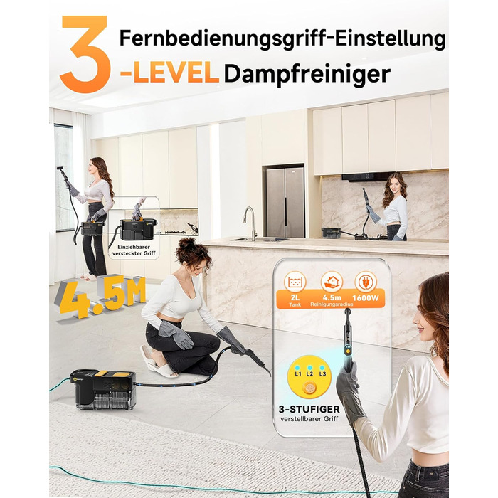 Пароочисник Gautye 3-рівневий регульований руків'я, нагрів за 10 секунд, бак 2L, 18 насадок, для кухні, ванної, підлоги, авто, вікон, чорний