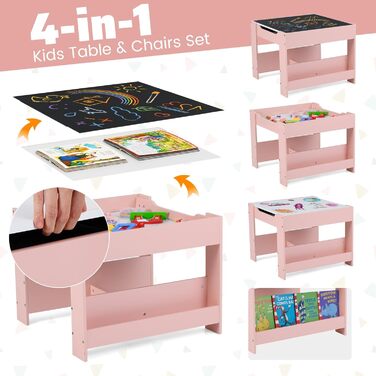 Дитячий столик Dreamade 4 в 1 з 2 стільцями: дерев'яний набір з дошкою та полицями, столик-стілець для дітей з 2 тканинними коробками, рожевий