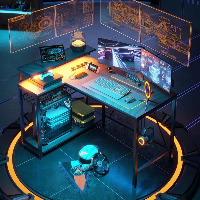 Ігровий кутовий стіл Bestier L-подібної форми з LED-підсвічуванням, розетками, 2 полицями та гачками – кутовий стіл для комп'ютера, офісу, спальні та геймінгу 106 x 80 см, 3D-вуглецеве волокно чорного кольору