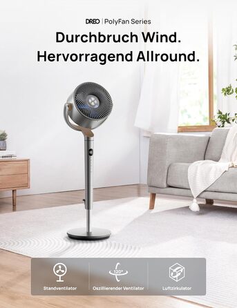 Вентилятор підлоговий Dreo з тихим мотором 20dB, 120° осциляція, дальність 26м, 1200 м³/год, 102 см, 3 режими, 8 швидкостей, срібний