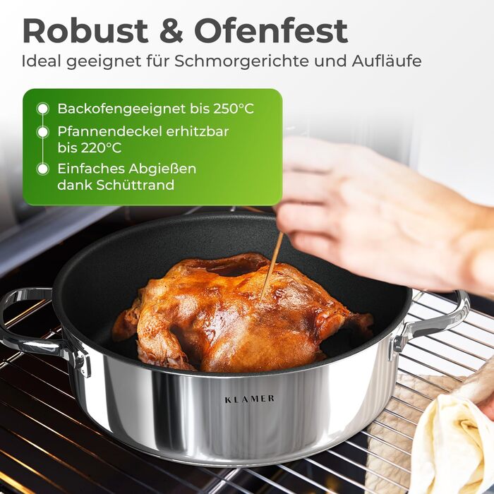 KLAMER Сковорода-гриль індукційна 28 см, сковорода для тушкування та стейків з нержавіючої сталі