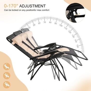 Розкладне ліжко для саду, широке 72 см, з підстаканником та подушкою, для відпочинку на вулиці, на терасі або балконі (Бежевий)