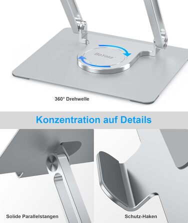 Підставка для ноутбука BoYata настільна, регульована, з поворотним основанням 360°, ергономічна, складана, сумісна з MacBook Pro/Air, до 17 дюймів - срібна