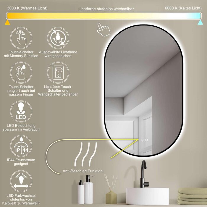 Дзеркало LED HOKO Design ANTIBESCHLAG овальне 45x75 см Bologna+ Metall Rahmen Schwarz. LED підсвічування, сенсорна кнопка, регулювання кольору світла (тепле біле, холодне біле, нейтральне), антизапарник, монтаж HOCH+QUER, 75L x 45B см
