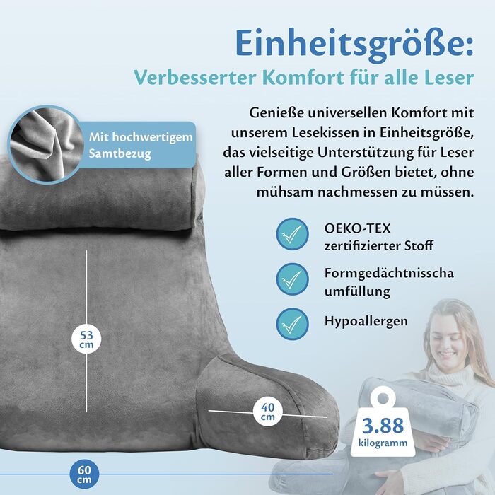 Подушка для читання Ella Lesekissen для ліжка та дивана з знімною подушкою для шиї - подушка для спини - подушка для читання з піною з пам'яті з підлокітниками, ідеально підходить для читання, перегляду телевізора, лінощів або як підтримка спини - сіра
