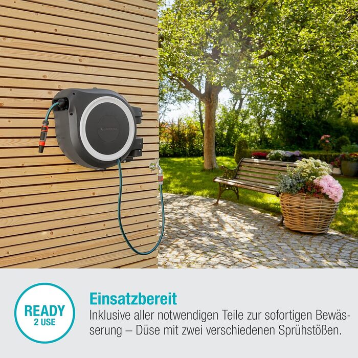 Набір для поливу Gardena RollUp L 30 м: гнучкий шланг для великих садів, поворотна коробка, з шлангом 30 м та монтажними аксесуарами (18625-20) (Білий, з розпилювачем)