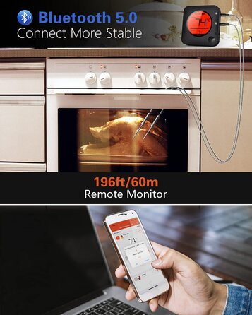 BFOUR 100-метровий термометр для гриля Bluetooth Бездротовий термометр для м'яса з 4 зондами Великий РК-дисплей з нержавіючої сталі Bluetooth-термометр для смаження для гриля Коптильня Піч барбекю (з 2 зондами)