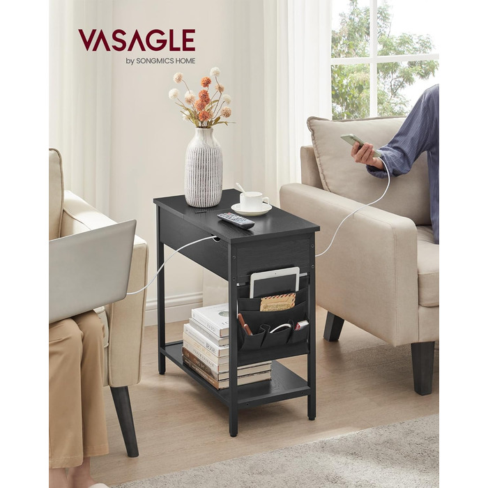 Журнальний столик VASAGLE, тумбочка з розеткою, вузька, з USB-портами, сумка, для вітальні, спальні, вінтажнийкоричнево-чорний LET3B0 (2, чорний дерев'яне зерно)