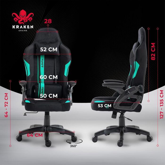 Крісло ігрове KRAKEN CHAIRS чорно-морського кольору, тканинне, ергономічне, для геймерів, вантажопідйомність 130 кг