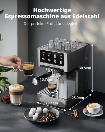 Еспресо-машина Siebträger з подвійним бойлером, 20 Bar, автоматичний спінювач молока, для капучино та лате, нержавіюча сталь, 1.8L бак, сенсорний екран