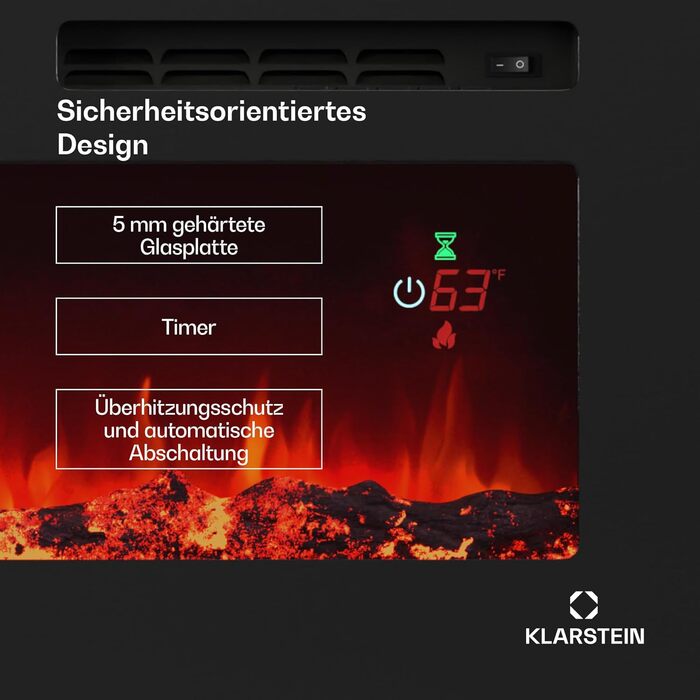 Електрокамін Klarstein Galeras Smart 1800 Вт, LED-полум'я, керування через додаток і пульт, регулювання кольору та яскравості, захист від перегріву, настінний, 127x47x13 см, чорний