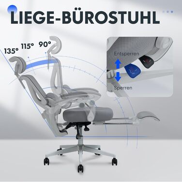 Крісло офісне ергономічне FLEXISPOT з регулюванням нахилу 135°, 3D-підголовник, підлокітники з регулюванням, підставка для ніг, колір біло-сірий (OC4)