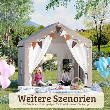 Дитяче намет-будиночок EROMMY 2-в-1 з килимком, прапорцями та світлодіодними смугами, двостулковими дверима, даховим вікном, для дому, вік 3+, коричневий