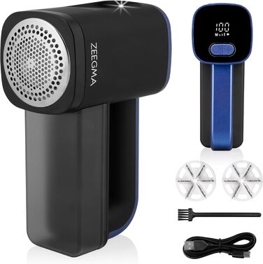 Електричний видалення ворсу ZEEGMA LINTEE BLACK для різних тканин, 5W, 3 набори лез, 3 швидкості, контейнер 100 г, LCD дисплей, акумулятор 1800 mAh, LED підсвічування, USB-C кабель