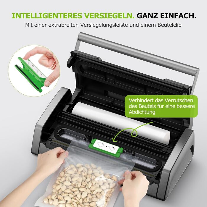 Вакууматор Bonsenkitchen VS5100 для Sous-Vide, 15 л/хв, з вбудованим різаком та кліпсою для пакетів, сріблястий