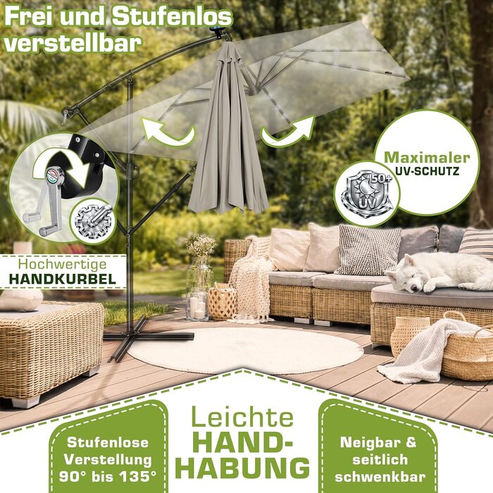 Прямокутна алюмінієва парасолька від сонця tillvex® 330 см з LED-підсвіткою, ручкою та чохлом, боковий стілець-опора, захист від UV та води (Taupe)