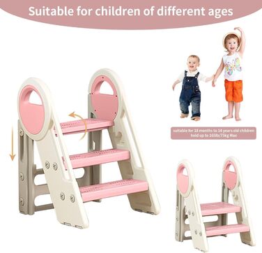 Дитячий табурет-сходилка 2-3 сходинки, регульована висота, складана, для ванної, дитячої кімнати, кухні (рожевий + білий)