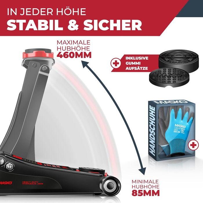 Гідравлічний домкрат MASKO 3T з низьким профілем 85-460мм, 3 гумові накладки, для легкових авто та SUV, ролики 360°, рукавички в комплекті. Домкрат під автомобіль до 3 тонн - Чорний