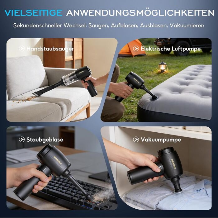 Акумуляторний ручний пилосос SoarFly 4 в 1, 25000Па, бездротовий міні-пилосос для авто, дому та ПК з безщітковим двигуном, LED-підсвіткою та набором щіток, чорний