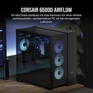 Корпус для ПК CORSAIR 6500D Airflow Mid-Tower ATX, двокамерний, без вентиляторів, чорний, підтримка реверсивних материнських плат, висока гнучкість охолодження