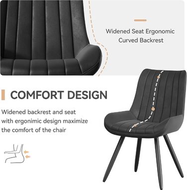 Набір обідніх стільців 2 шт. | М'які стільці з подушкою сидіння 10 см • Чорний стілець для обідньої зони • Стільці для кухні з підлокітниками • Сучасні крісла • Металеві ніжки • FU01043BL-2, Чорний