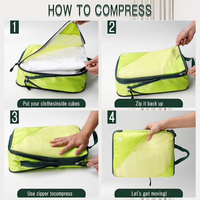 Набір компресійних органайзерів для одягу в дорогу AiQInu, 5 шт. — ультралегкі сумки-пакувальники для валізи з мішком для взуття та білизни, розширювані, зелені