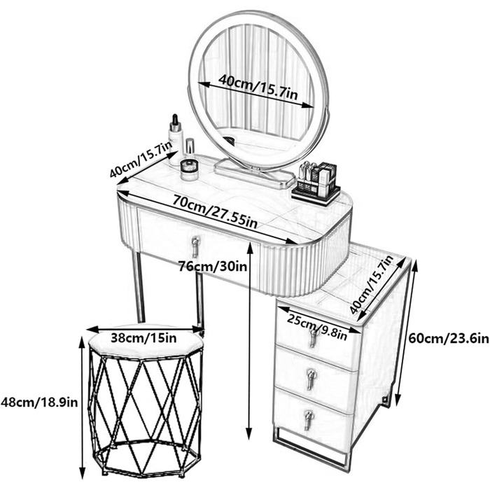 Косметичний стіл JIANRUI зі світлодіодом, 4 ящики, масив дерева, 70 см, з табуреткою, білий