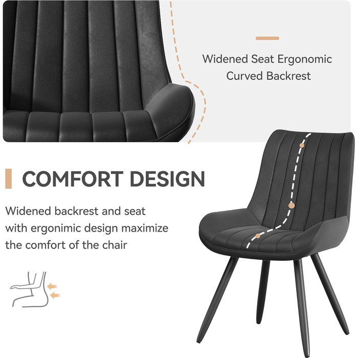 Набір обідніх стільців 2 шт. | М'які стільці з подушкою сидіння 10 см • Чорний стілець для обідньої зони • Стільці для кухні з підлокітниками • Сучасні крісла • Металеві ніжки • FU01043BL-2, Чорний