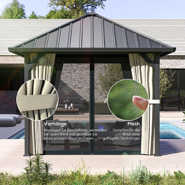 Газонний павільйон 3x3 м з металевим дахом, водовідштовхувальний садовий намет з сіткою та боковими стінками, темно-сірий