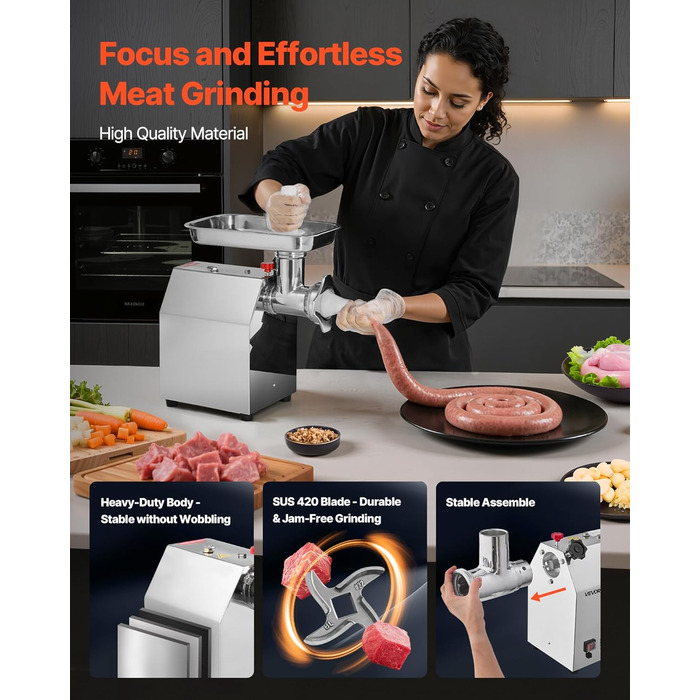 Електрична м'ясоподрібнювач VEVOR, 4.2 кг/хв, 1100 Вт, з лезом та диском, для ресторану, з нержавіючої сталі