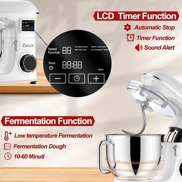 Кухонна машина 1500W 8L з 6 швидкостями, функцією ферментації та LCD-дисплеєм (біла)