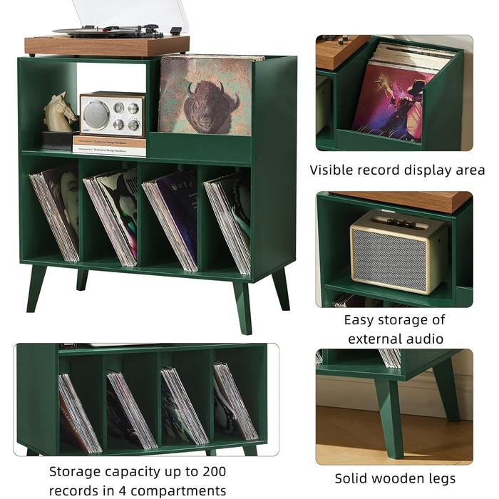 Підставка для платівок велика з місцем для зберігання, для програвачів, 300 альбомів, зелений колір, для музичної кімнати та вітальні