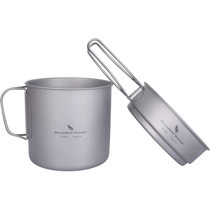 Набір посуду iBasingo Titan Becher Pfannen Set: 1100мл та 300мл для кемпінгу, туризму та пікніків. Легкий та компактний посуд з нержавіючої сталі з ручками-складанням. Набір для однієї людини Ti2053C