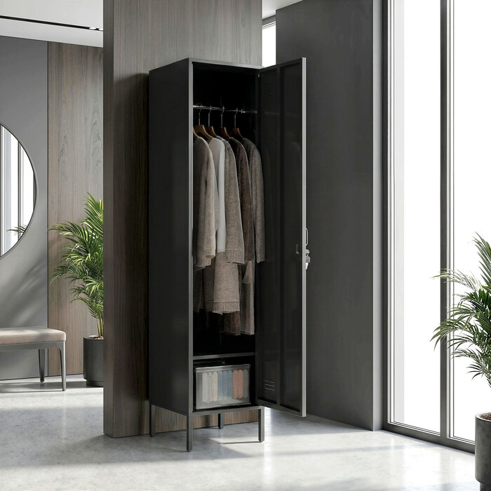 Сталевий шафка з замком та вішалкою для одягу, індивідуальна шафка зі сталі для дому або офісу, чорного кольору