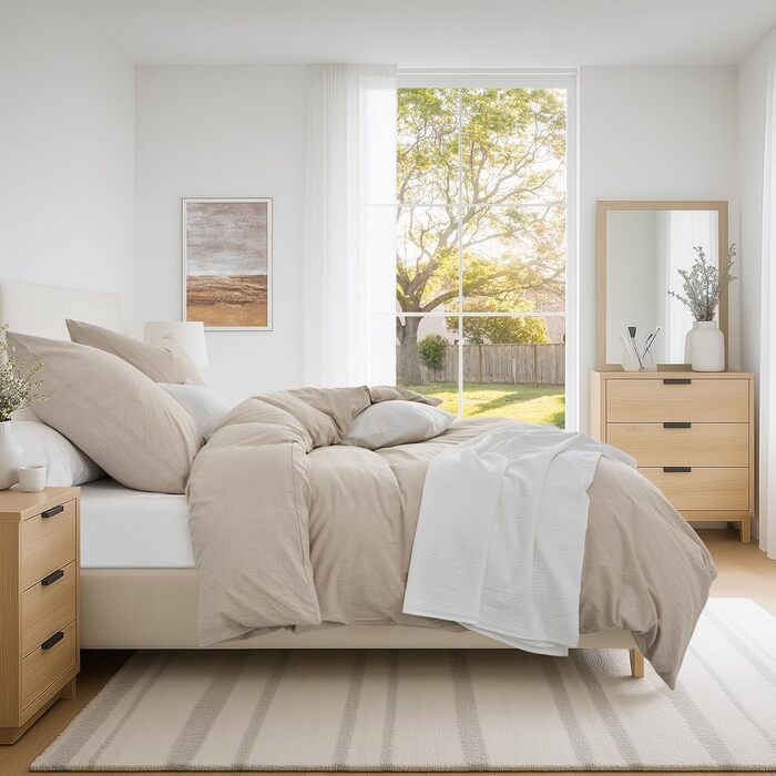 Комплект постільної білизни 200x220 з бавовни, бежевий, суперм'який, 100% бавовна, випрана, з льоноподібною текстурою, ÖKO-TEX, комплект 3 шт. (200x220 + 2 x 80x80)