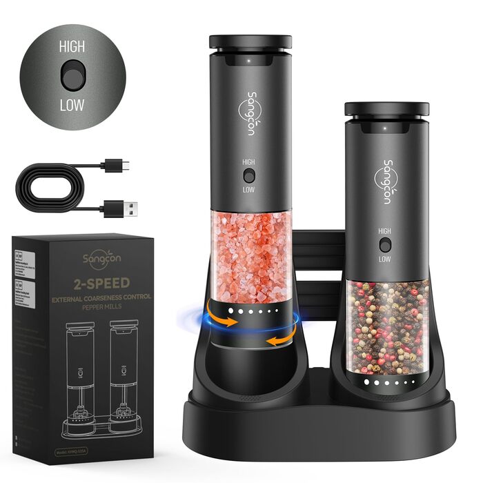 Електричні млини для солі та перцю Sangcon, 2 швидкості, перезаряджувані, 6 ступенів помелу, автоматичний набір з док-станцією, для зручного використання, сірий + чорний