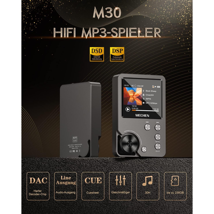 MECHEN M30 Hi-Res MP3 плеєр, HiFi DSD FLAC DAC, цифровий аудіоплеєр із підтримкою CUE, без втрати якості, портативний DAP з 64GB пам’яті, розширення до 256GB, сірий